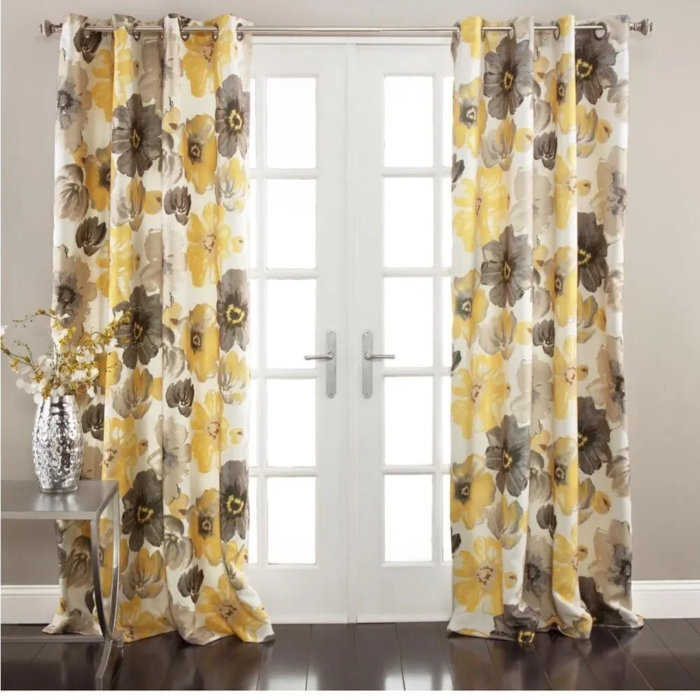 NWT New Half Moon Leah Yellow/White/Grey Floral Curtain Panels 52